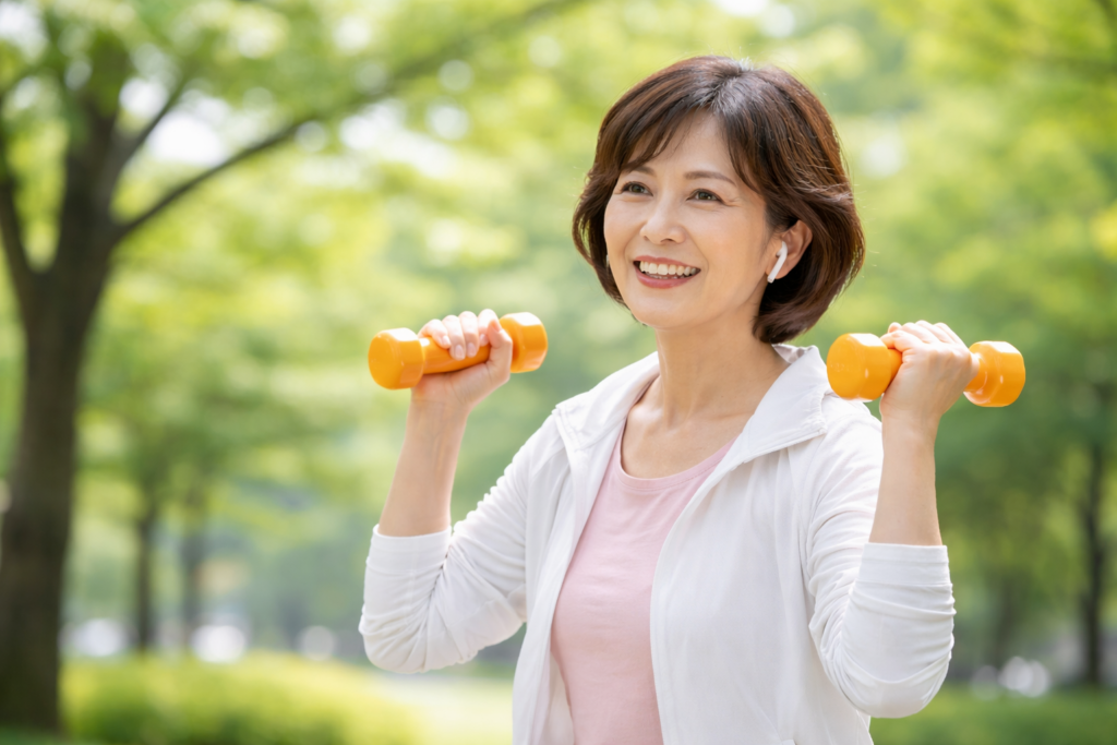 笑顔で運動する50代女性